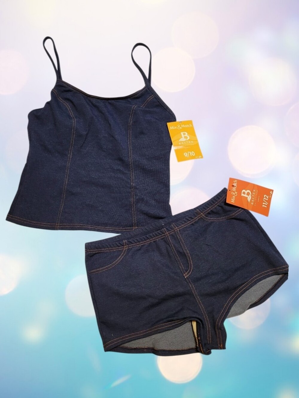 Vintage Y2K Baltex Tankini Denim-look Swimwear NWT Top Sz 9/10 Bottom Sz 11/12